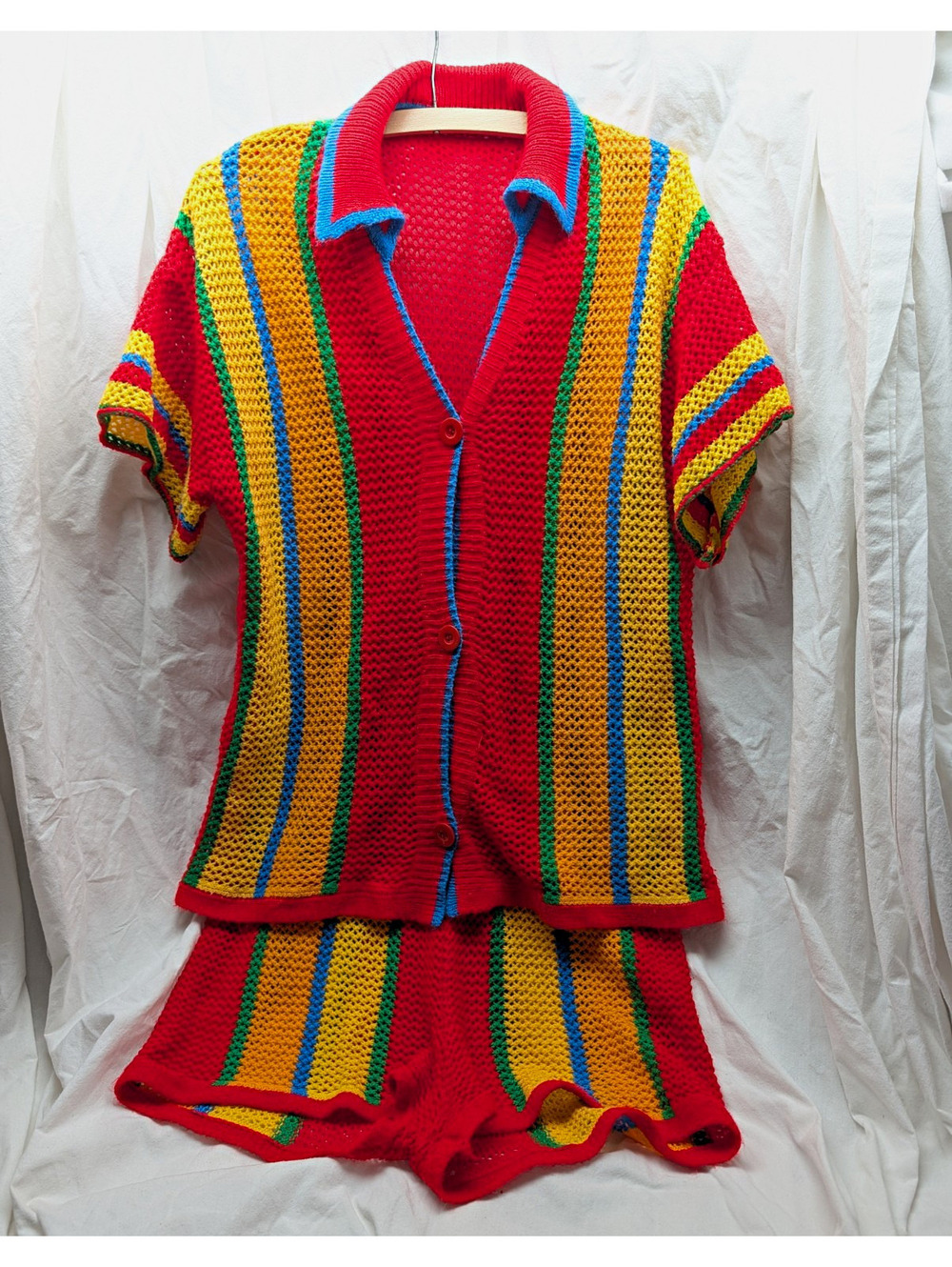 Women’s Crochet Striped 2pc Set Button Collared Top & Elastic Waist Shorts L